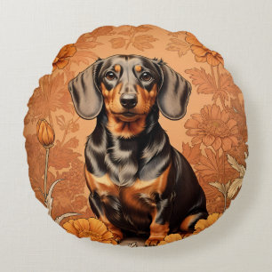 Cojín Redondo Elegante Dachshund Y Marigoles