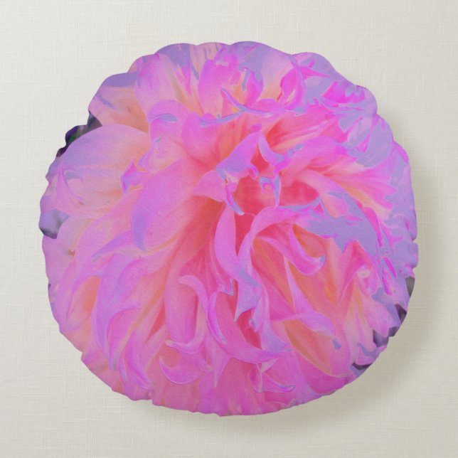 Cojín Redondo Elegante Dahlia con decoración magenta y rosa (Anverso)
