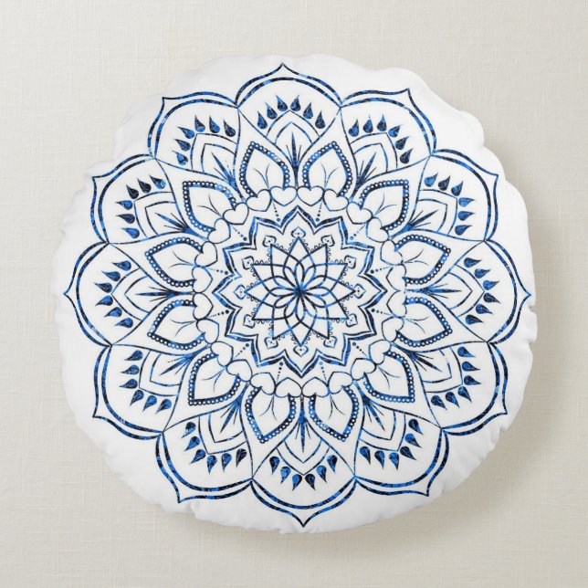 Cojín Redondo Elegante Decoración Mandala Azul Metálico (Anverso)