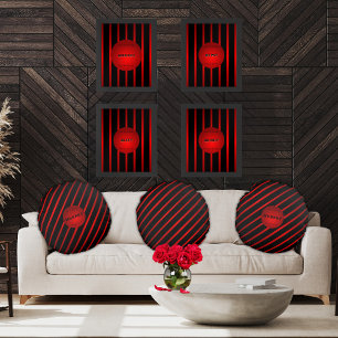 Cojín Redondo Elegante Diagonal Black Stripes Red Monograma Nomb