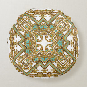 Cojín Redondo Elegante diseño barroco dorado, ornamental.