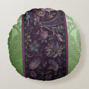 Cojín Redondo Elegante diseño de seda verde vintage floral