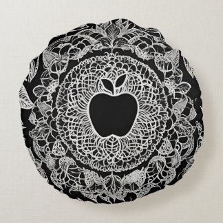 Cojín Redondo Elegante encaje de mandala de manzana en blanco y