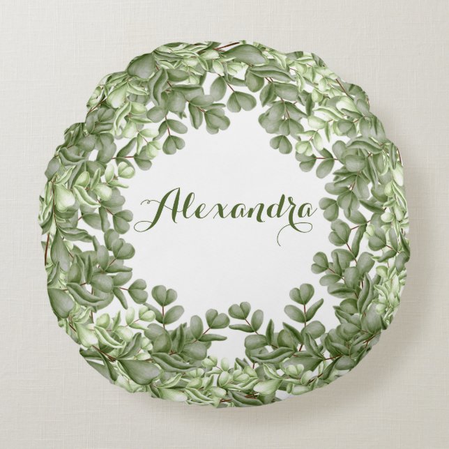 Cojín Redondo Elegante Eucalyptus Greenery Wreath Blanco Verde (Anverso)