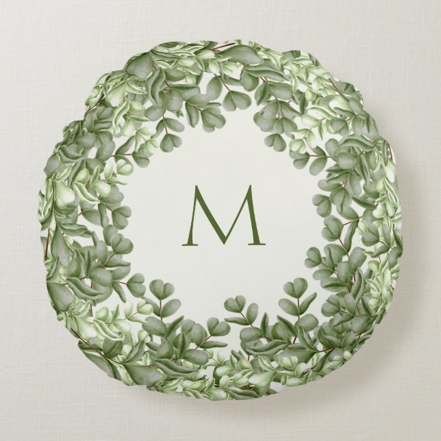 Cojín Redondo Elegante Eucalyptus Greenery Wreath Marfil Verde (Anverso)