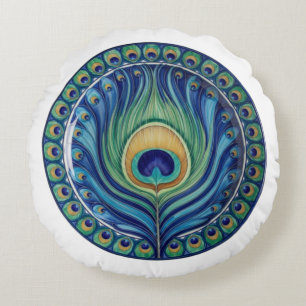 Cojín Redondo Elegante Feather Peacock Mandala