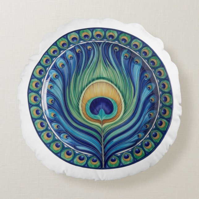 Cojín Redondo Elegante Feather Peacock Mandala (Anverso)