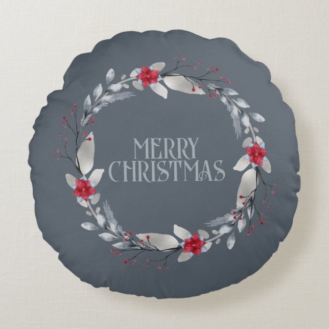 Cojín Redondo Elegante Festividad de la corona roja plateada (Anverso)