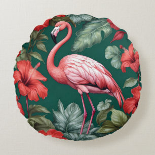 Cojín Redondo Elegante Flamingo Hibiscus Flowers Emerald Green