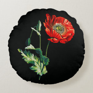Cojín Redondo Elegante Flor de amapola botánica veneciana en neg