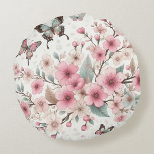 Cojín Redondo Elegante flor de cerezo y flor de mariposa