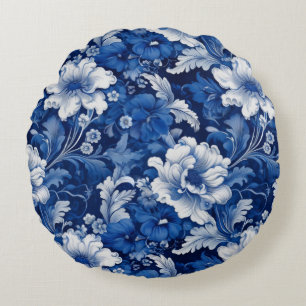 Cojín Redondo Elegante Floral azul y blanca de época