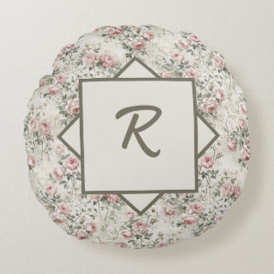 Cojín Redondo Elegante Floral Monograma Vintage Rosa Rubor