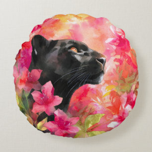 Cojín Redondo Elegante floreciente Floral Wild Panther Negro