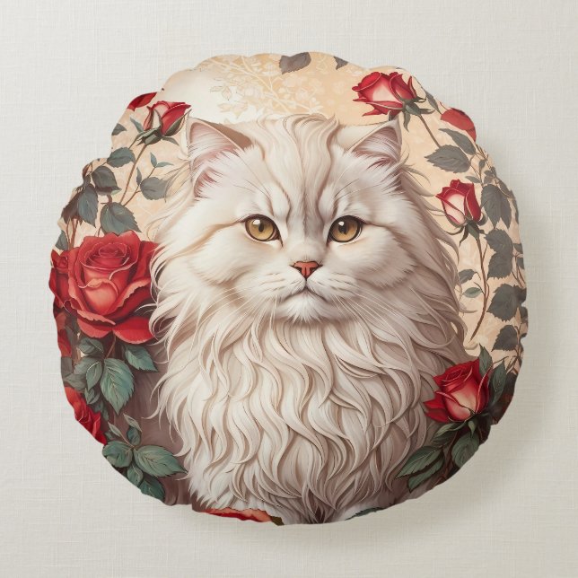 Cojín Redondo Elegante gato persa con Rosas (Anverso)