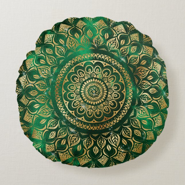 Cojín Redondo Elegante Gold Green Mandala Floral (Anverso)