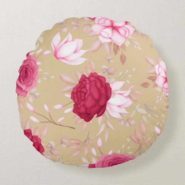 Cojín Redondo Elegante granate, floral rosa (Anverso)