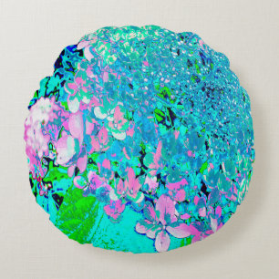 Cojín Redondo Elegante Hortensia Limelight Rosa y Azul