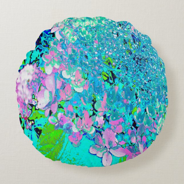 Cojín Redondo Elegante Hydrangea de luz rosa y azul (Anverso)