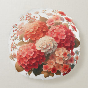 Cojín Redondo Elegante Hydrangea Roja y Peach