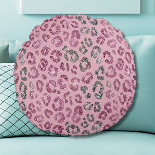 Cojín Redondo Elegante Leopardo de Brillo Rosa y Plata sobre Ros