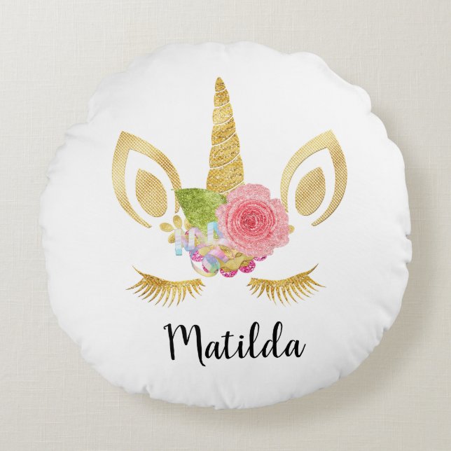 Cojín Redondo Elegante lindo bonito floral purpurina unicornio (Anverso)