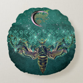 Cojín Redondo Elegante luna de polilla luna noche esmeralda luce
