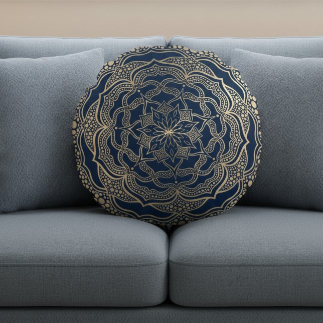 Cojín Redondo Elegante Mandala Art Boho Dorado de lujo y azul ma (Subido por el creador)
