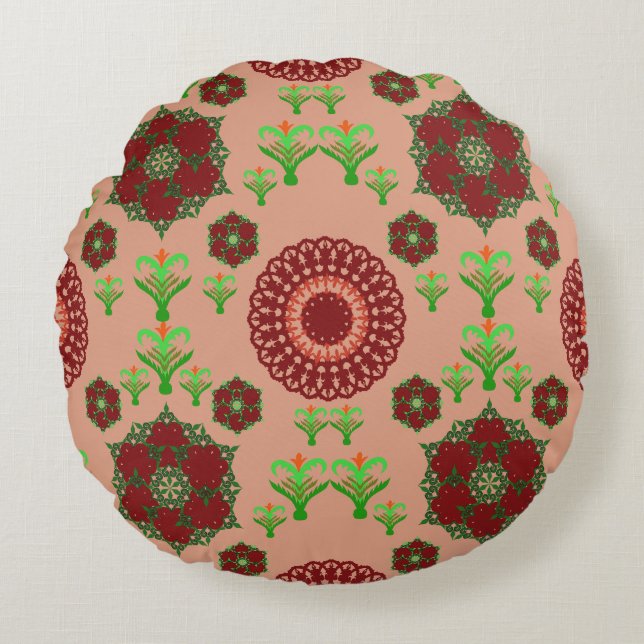 Cojín Redondo Elegante Mandala Geométrico Rojo Textil para Dormi (Anverso)