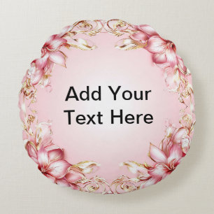 Cojín Redondo Elegante marco floral con diseños de lirios rosado