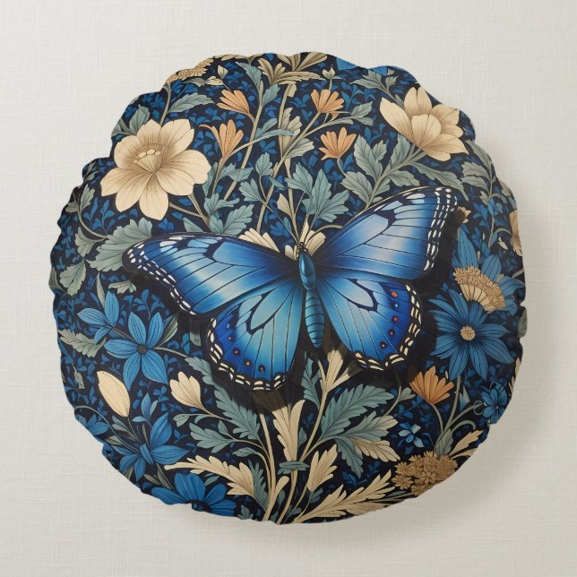 Cojín Redondo Elegante mariposa azul William Morris inspirado (Anverso)