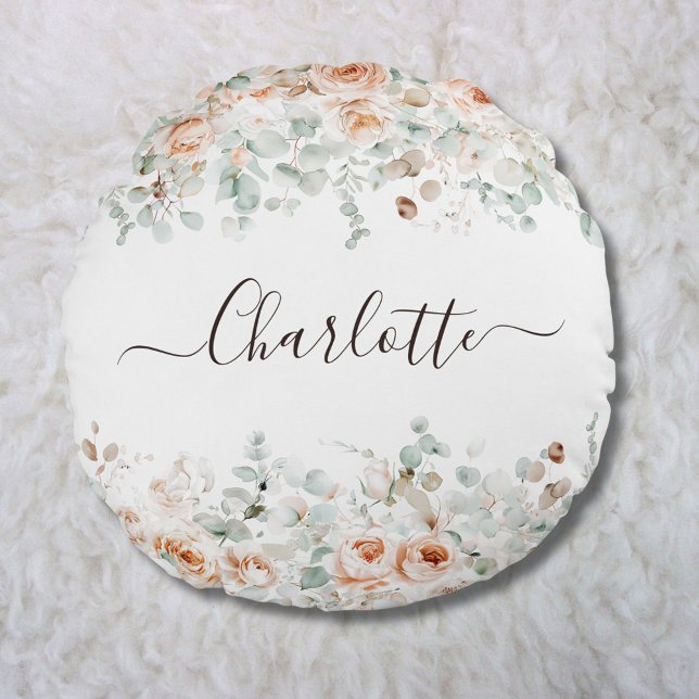 Cojín Redondo Elegante Monograma Rústico Rosa Vegetación Floral (In situ)