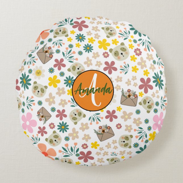 Cojín Redondo Elegante monogramado florido pastel giratorio blan (Anverso)