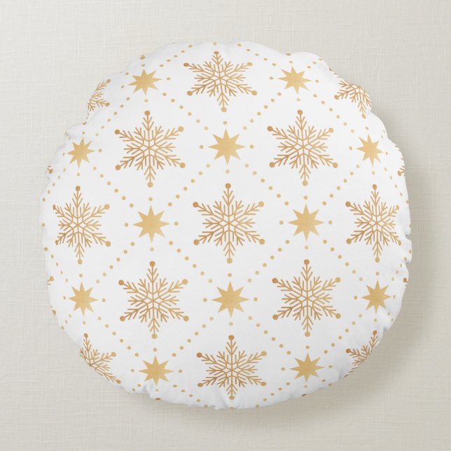 Cojín Redondo Elegante Navidades Faux Gold Snowflakes Patttern (Anverso)