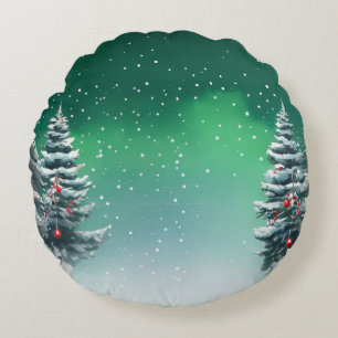 Cojín Redondo Elegante Nieve alegre Navidad pino festividad