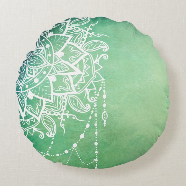 Cojín Redondo Elegante Ornate Zen Mandala Rosette Tonos verdes (Anverso)