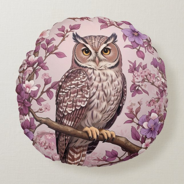 Cojín Redondo Elegante Oveja Floral Púrpura (Anverso)