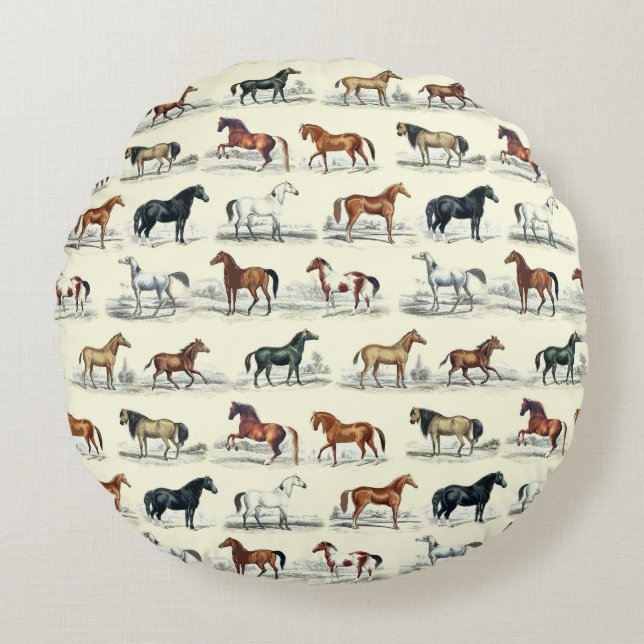 Cojín Redondo Elegante patrón de raza de caballos de época (Anverso)
