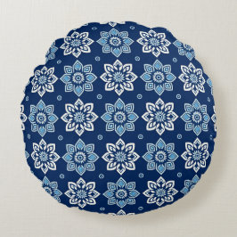 Cojín Redondo Elegante patrón floral azul Mandala