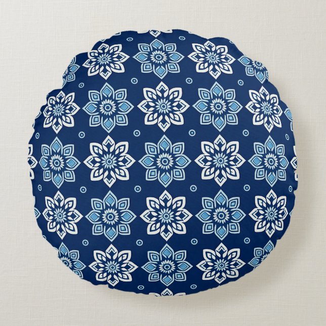 Cojín Redondo Elegante patrón floral azul Mandala (Anverso)