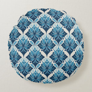 Cojín Redondo Elegante patrón floral boho en azul