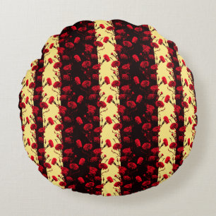 Cojín Redondo Elegante patrón floral rojo negro franjas de carna