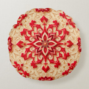 Cojín Redondo Elegante patrón ornamental rojo y beige