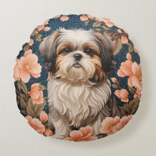Cojín Redondo Elegante perro shih tzu William Morris inspirado