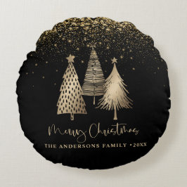Cojín Redondo Elegante Purpurina de árbol de Navidad dorado Niev