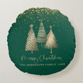 Cojín Redondo Elegante Purpurina de árbol de Navidad dorado Niev
