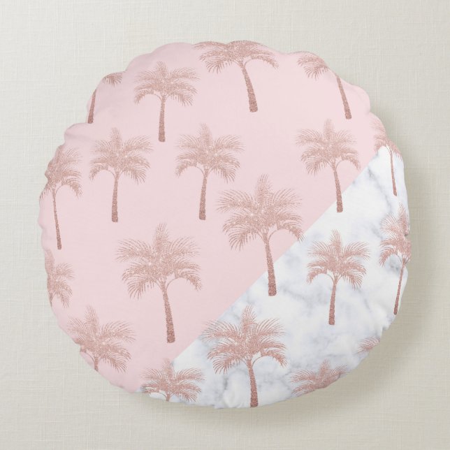 Cojín Redondo Elegante purpurina rosa dorado y mármol blanco (Anverso)