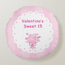 Cojín Redondo Elegante Quinceañera Ramo Floral | Rosa y Blanco 