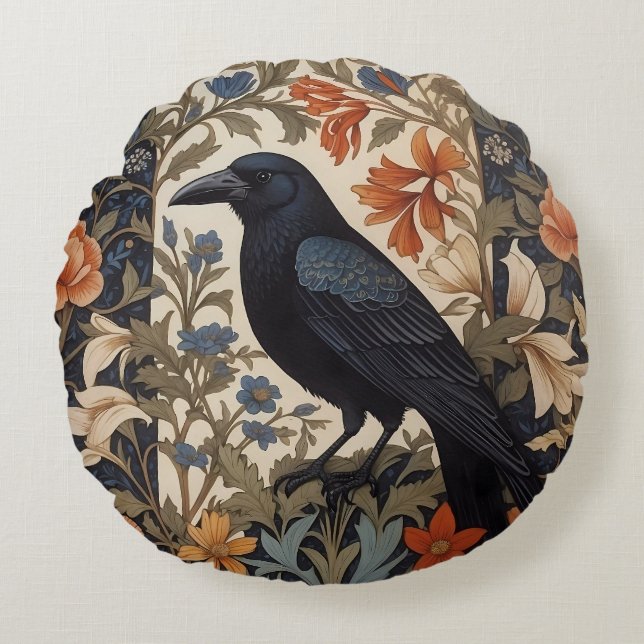 Cojín Redondo Elegante Raven Negro William Morris Inspirado Flor (Anverso)