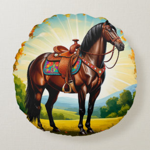 Cojín Redondo Elegante retrato de caballo con silla de montar